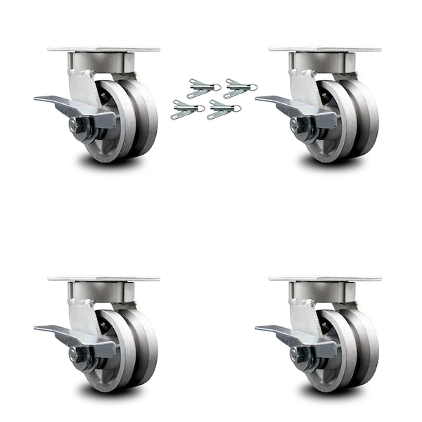 4 Inch Kingpinless V Groove Semi Steel Wheel Caster Set with Brake & Swivel Lock